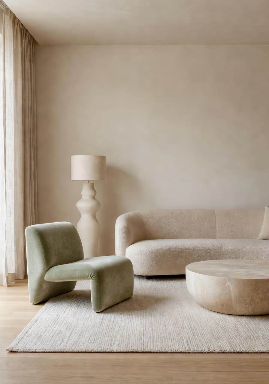 DecorAI AI home design app result — same living room redesigned in a warm minimalist style